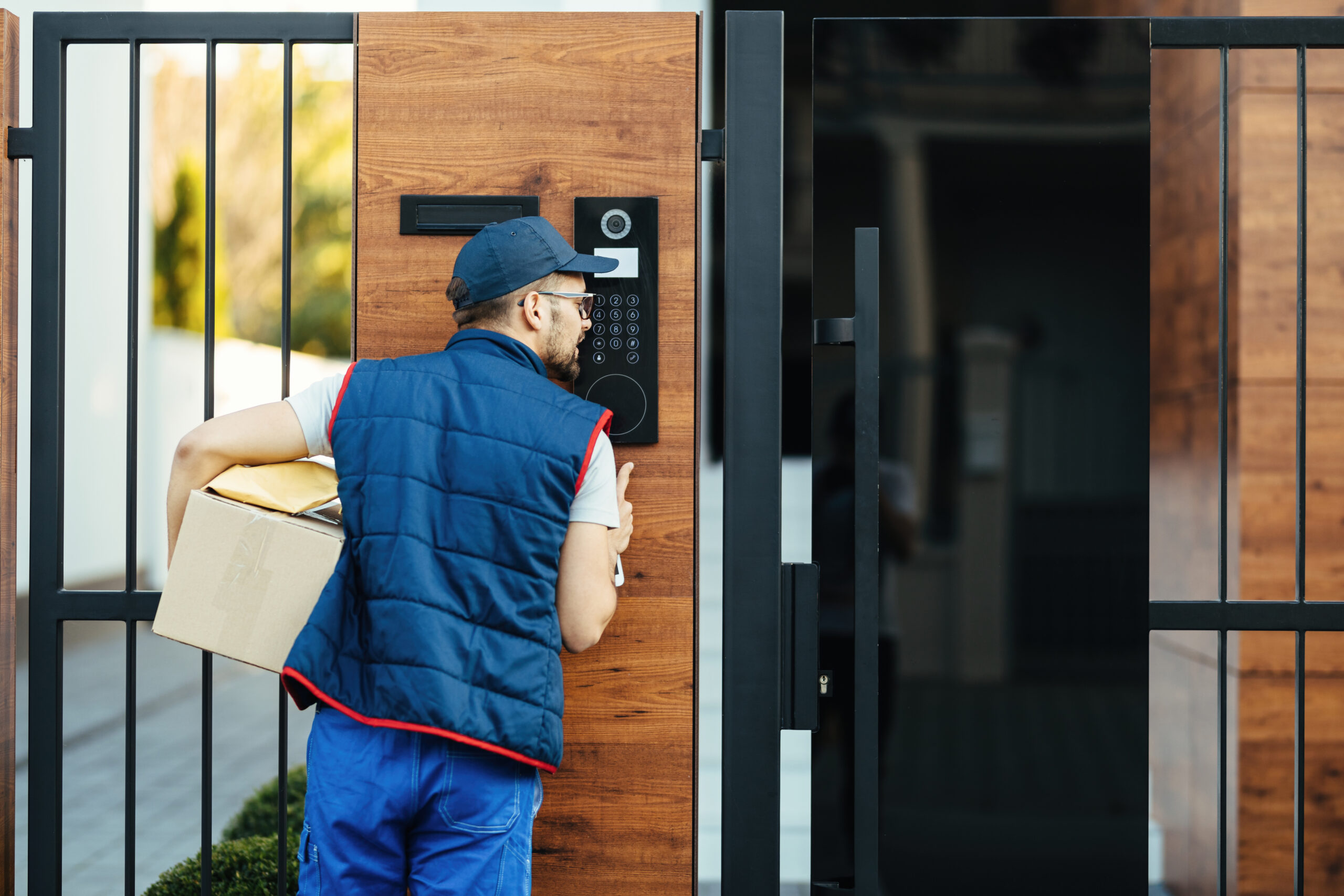 Rear view of a courier ringing on customer's intercom while maki